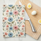 青とピンクの春フローラファンタジー キッチンタオル (四つ折り)