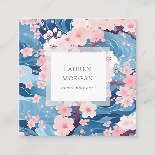 青とピンクの桜花 スクエア名刺 (正面)