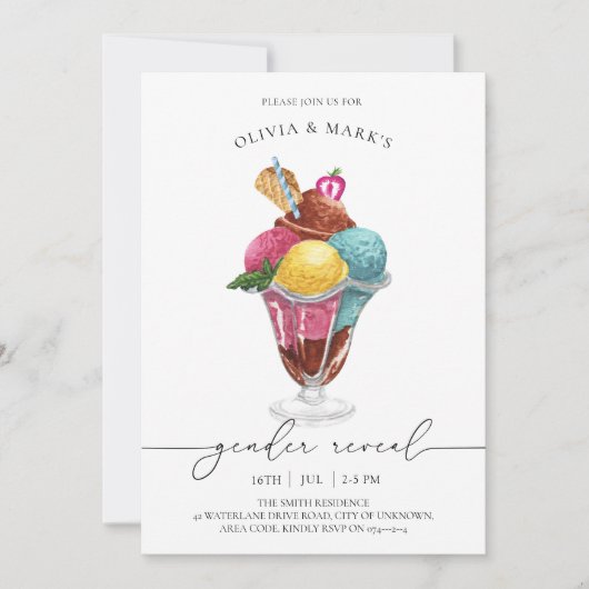 青とピンクの水の色のアイスクリーム性別リビール 招待状 (正面)