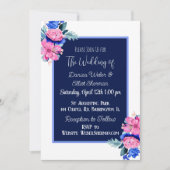 青とピンクの水の色のフローラかわいらし結婚の 招待状 (正面)