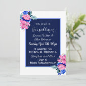 青とピンクの水の色のフローラかわいらし結婚の 招待状 (スタンド正面)