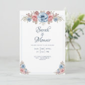 青とピンクの水彩ローズ モダンウェディングカード 招待状 (スタンド正面)