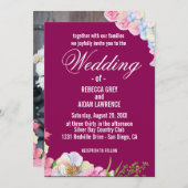 青とピンクの水彩花のウェディング 招待状 (正面/裏面)