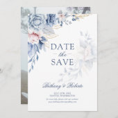 青とピンクの水彩花の写真を使った結婚式のお知らせ セーブザデート (正面/裏面)