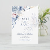 青とピンクの水彩花の写真付き Save the Date セーブザデート (スタンド正面)