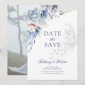 青とピンクの水彩花の写真付き Save the Date セーブザデート (正面/裏面)