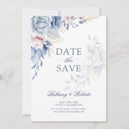 青とピンクの水彩花の写真付き Save the Date セーブザデート