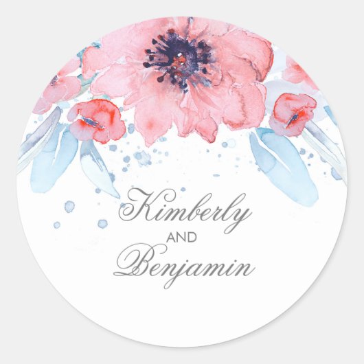 青とピンクの水彩花エレガントな結婚式 ラウンドシール (正面)