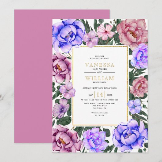 青とピンクの水彩花 春の結婚式 招待状 (正面/裏面)