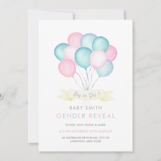 青とピンクの水彩風船が性別で明らかになる 招待状 (正面)