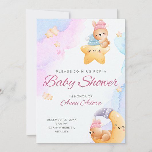 青とピンクの水色のベビーシャワー招待状 招待状 (正面)