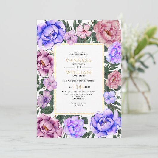 青とピンクの水色の花の春の結婚式 招待状 (スタンド正面)