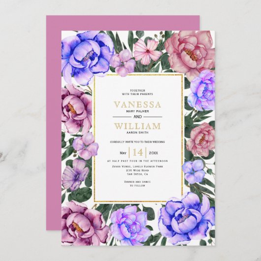 青とピンクの水色の花の春の結婚式 招待状 (正面/裏面)