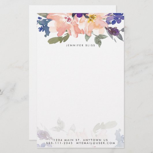 青とピンクの水色フローラ パーソナライズされた 便箋 (正面/裏面)