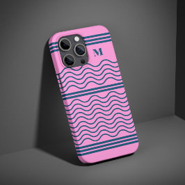 青とピンクの波のパターンストライプモノグラム iPhone 16 PROケース