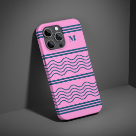 青とピンクの波のパターンストライプモノグラム iPhone 16 PROケース