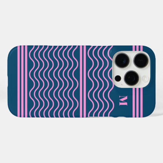 青とピンクの波のパターンストライプモノグラム Case-Mate iPhoneケース (裏面 (横))