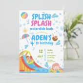 青とピンクの浮き輪プールパーティの誕生日 招待状 (スタンド正面)