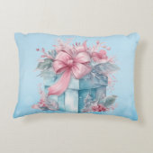 青とピンクの淡い色のリボンのクリスマスギフトボックス アクセントクッション (裏面)