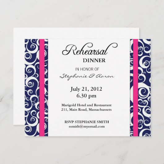 青とピンクの渦巻きリハーサルのディナーカード 招待状 (正面/裏面)