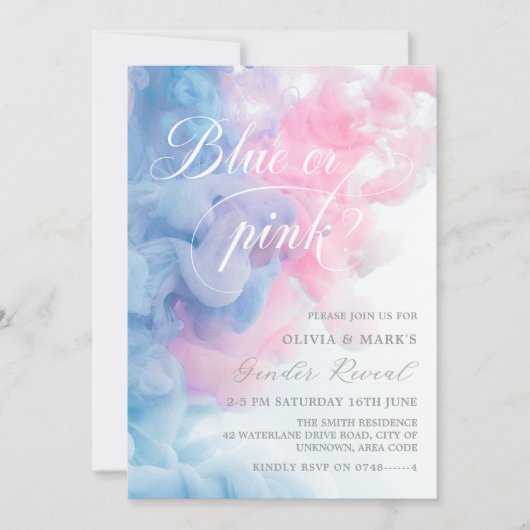 青とピンクの煙のジェンダーの表示 招待状 (正面)