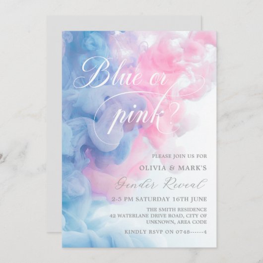 青とピンクの煙のジェンダーの表示 招待状 (正面/裏面)