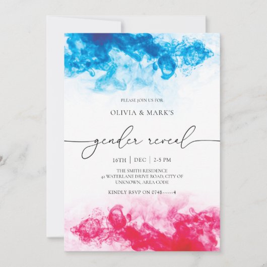 青とピンクの煙のテーマジェンダーリビール招待状 招待状 (正面)