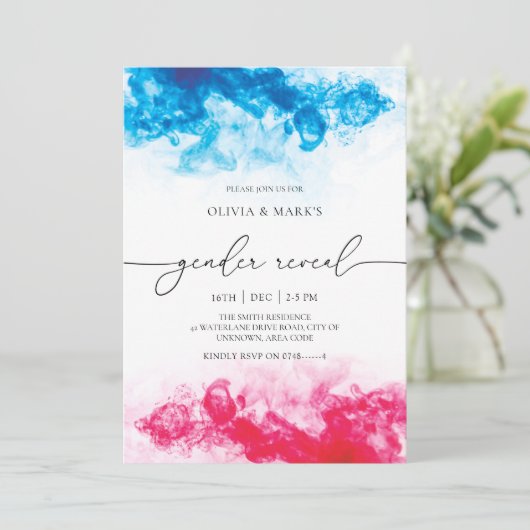 青とピンクの煙のテーマジェンダーリビール招待状 招待状 (スタンド正面)