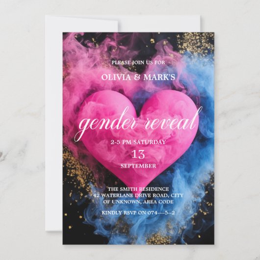 青とピンクの煙のハートベビー性別がパーティーを明かす 招待状 (正面)
