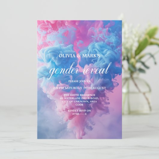 青とピンクの煙のハート性別がパーティーを明かす 招待状 (スタンド正面)