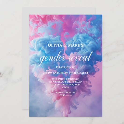青とピンクの煙のハート性別がパーティーを明かす 招待状 (正面/裏面)