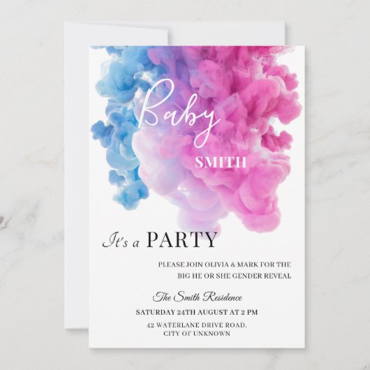 青とピンクの煙のベビージェンダーがパーティーを表示 招待状 (正面)