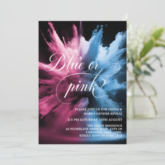 青とピンクの煙の爆発ベビー性リビール 招待状 (スタンド正面)