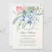 青とピンクの牡丹の水のカラーブライダルシャワー 招待状 (正面)
