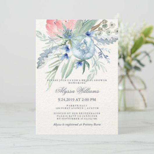 青とピンクの牡丹の水のカラーブライダルシャワー 招待状 (スタンド正面)