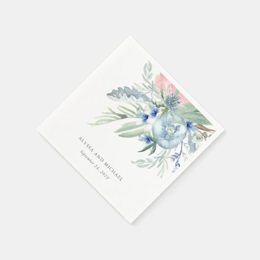 青とピンクの牡丹の水の色結婚の スタンダードカクテルナプキン (角)