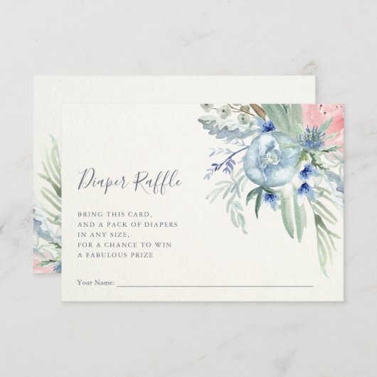 青とピンクの牡丹|ベビーシャワーおむつラッフル 招待状 (正面/裏面)