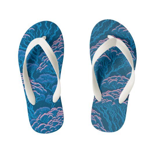 青とピンクの珊瑚礁パターン キッズビーチサンダル (フットベッド)