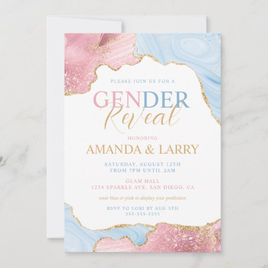 青とピンクの瑪瑙の大理石の性別の表示 招待状 (正面)