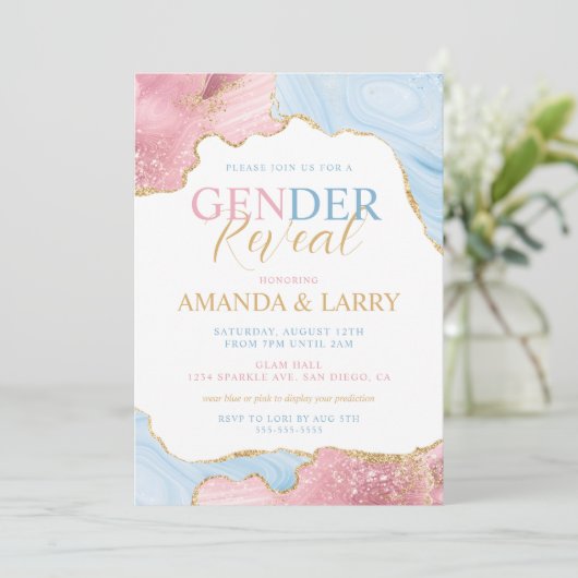 青とピンクの瑪瑙の大理石の性別の表示 招待状 (スタンド正面)