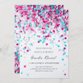 青とピンクの紙吹雪ベビー性別の表示パーティー 招待状 (正面/裏面)