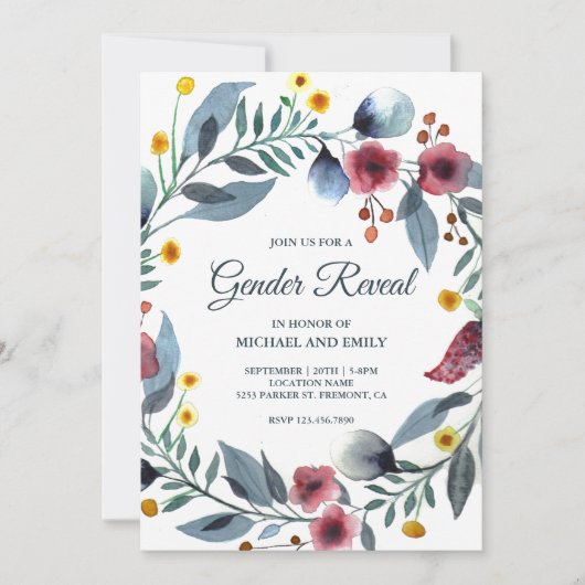 青とピンクの素朴フローラリースの性別の明らかさ 招待状 (正面)