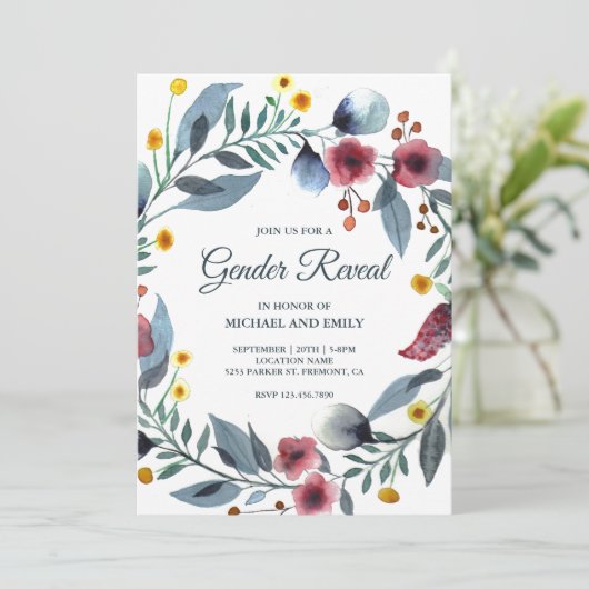 青とピンクの素朴フローラリースの性別の明らかさ 招待状 (スタンド正面)