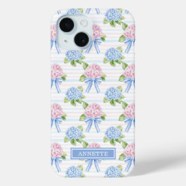 青とピンクの紫陽花ストライプ iPhone 15ケース