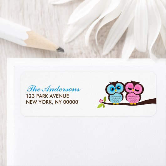 青とピンクの結婚フクロウ ラベル (インサイチュ)