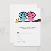 青とピンクの結婚フクロウ 出欠カード (正面/裏面)