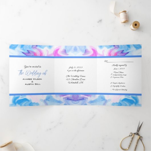 青とピンクの絞り染め 三つ折り招待状 (内部)