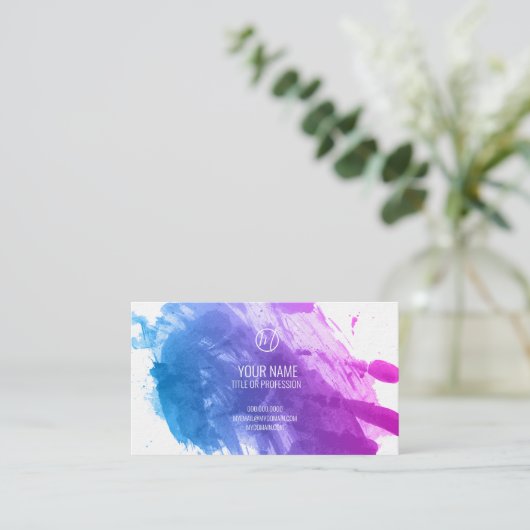 青とピンクの絵を描(ばちゃばちゃ)跳ねる 名刺 (スタンド正面)