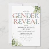 青とピンクの緑の文字の性別を明らかにするパーティー 招待状 (正面)