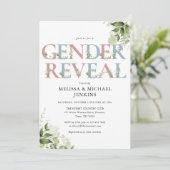 青とピンクの緑の文字の性別を明らかにするパーティー 招待状 (スタンド正面)